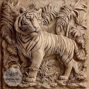 May include: A detailed wood carving of a tiger standing in a jungle setting. The tiger is carved with realistic detail, including its stripes and facial features. The jungle setting is also carved with detail, including leaves, vines, and other plants.