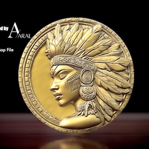 May include: A gold-coloured round plaque with a detailed relief sculpture of a woman's face wearing a headdress with feathers. The woman's face is in profile and she is looking to the right. The plaque has a decorative border.