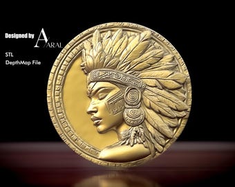 3D Native American Skull Coin Engraving Design: STL File for Fiber Laser & CNC Machines