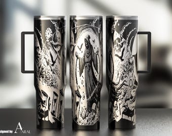 Horror Tumbler Wrap SVG, Laser Engraving File, Gothic Death Full Wrap Design, Digital Download, 40oz Tumbler Wrap SVG