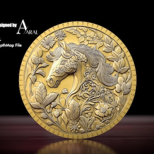 3D-Pferdemünzengravurdesign: Tiefenkarte STL für Faserlaser, CNC und 3D-Druck - Chinesisches Sternzeichen