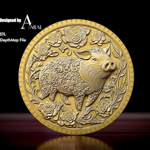 Diseño de moneda del zodiaco del cerdo en 3D: archivo STL para láser de fibra, fresadora CNC e impresión 3D