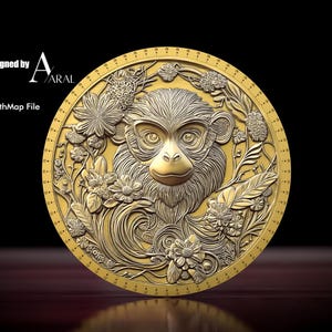Diseño de grabado de moneda de mono 3D: archivo STL del zodíaco chino para máquinas láser de fibra y CNC