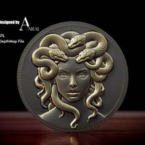 Design de moeda de gravação 3D Medusa: arquivo STL Depthmap para máquinas de laser de fibra e impressão 3D