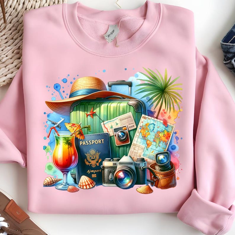 Puede incluir: Sudadera rosa claro con un dise&ntilde;o de acuarela de elementos de viaje. Presenta una maleta verde, pasaporte, c&aacute;maras, un mapa, un c&oacute;ctel, un sombrero de paja y conchas marinas. El dise&ntilde;o evoca un tema de vacaciones.