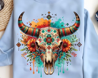 Boho Bull Skull PNG – Colorful Southwestern Floral Skull Clipart for Sublimation, Boho Western PNG, Aztec Cow Skull Printable Art