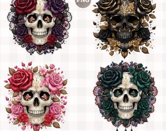 May include: Four skull designs with floral and lace accents. The skulls are decorated with roses in red, black, pink, and teal. The text "PNG" is in the upper right corner, and "Digital Download" is at the bottom.