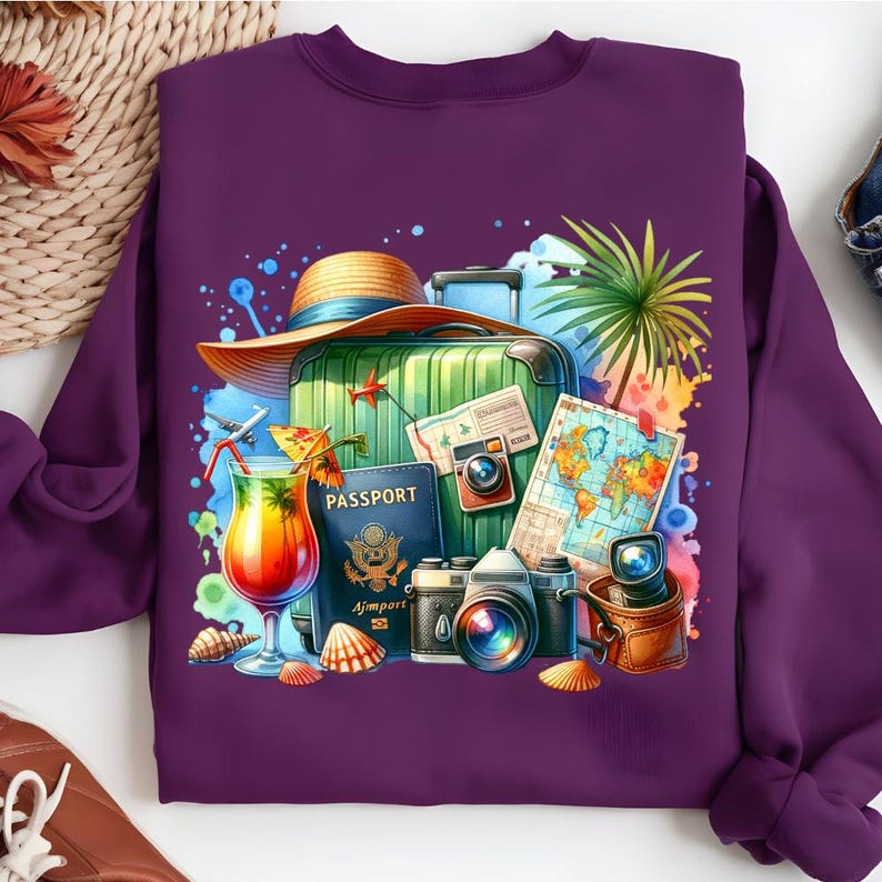 Puede incluir: Sudadera morada con un dise&ntilde;o de viaje. El dise&ntilde;o incluye una maleta verde, pasaporte, mapa, c&aacute;maras, c&oacute;ctel y sombrero de paja. Conchas marinas y follaje tropical completan el tema de las vacaciones.