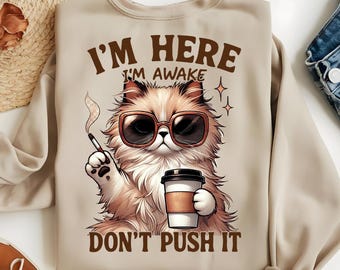 Grumpy Coffee Cat PNG – Funny Moody Kitty Clipart for Sublimation, Retro Sarcastic Cat Art