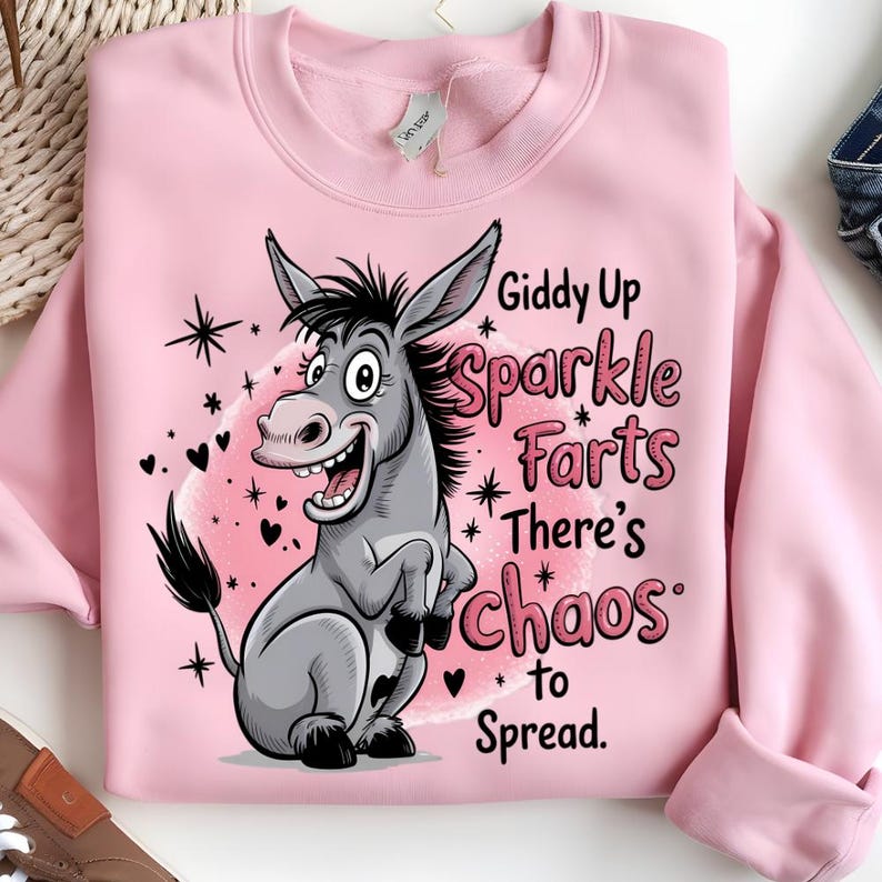 Pode incluir: Camisola rosa com um desenho de burro de desenho animado. O burro &eacute; cinzento com crina e cauda pretas e est&aacute; a sorrir. O texto na camisola diz "Giddy Up Sparkle Farts There's Chaos to Spread."