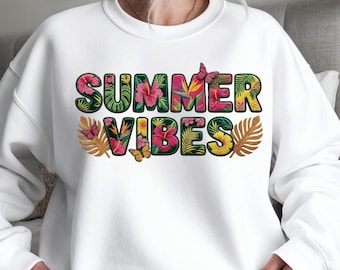 Colorful Embroidery Style Tropical Summer Vibes PNG - Faux Embroidery Sublimation Design