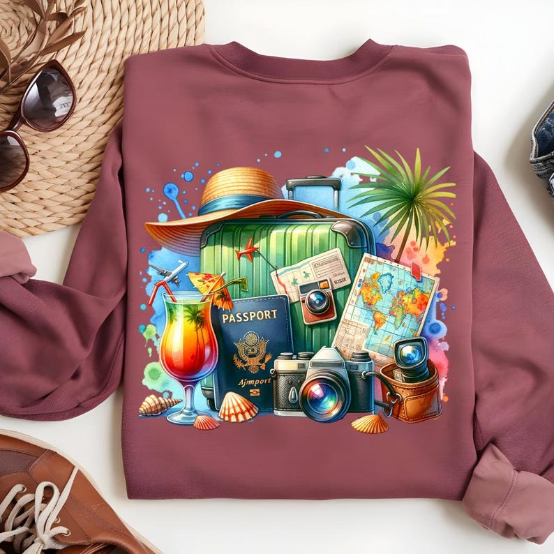 Puede incluir: Sudadera burdeos con un gr&aacute;fico de tem&aacute;tica de viajes. El dise&ntilde;o incluye una maleta verde, pasaporte, c&aacute;maras, un c&oacute;ctel, un mapa y un sombrero de paja. Conchas marinas y una hoja de palma completan el tema de las vacaciones.