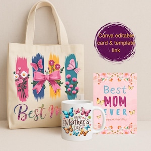 Pacote de Presentes para o Dia das Mães – Bolsa "Melhor Mãe de Todos os Tempos", Caneca Borboleta e Cartão de Saudações Editável – Conjunto para Imprimir para o Dia das Mães – Presente para a Mãe