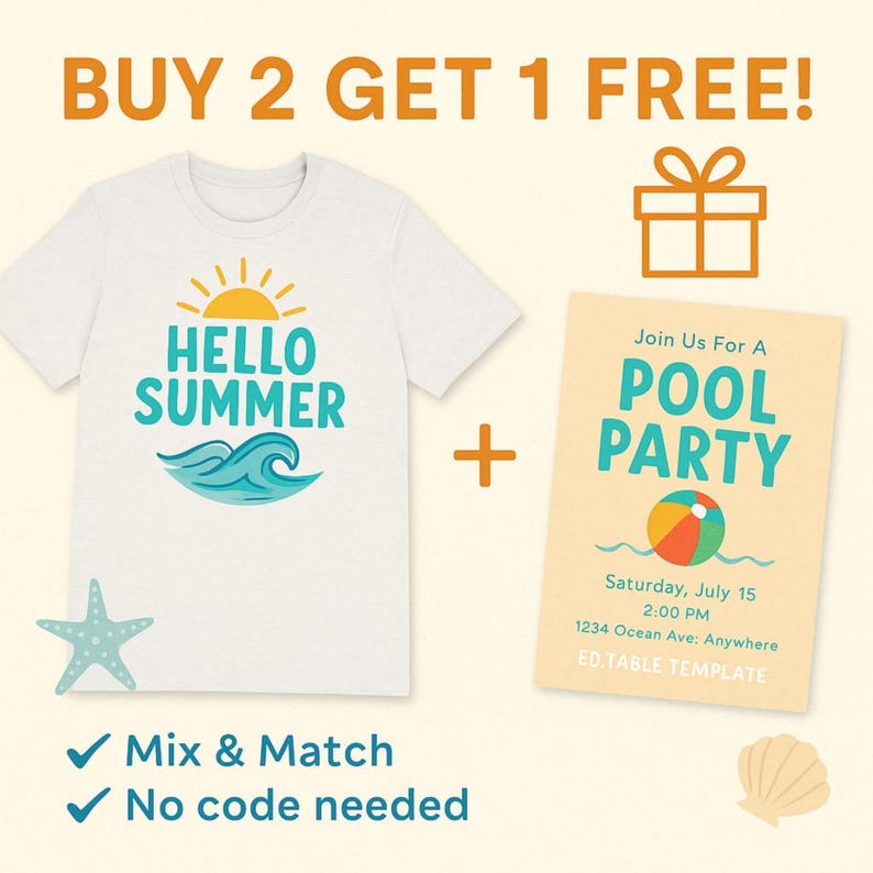 Pode incluir: Camiseta branca com gr&aacute;fico "HELLO SUMMER" e design de ondas. Inclui um convite para uma festa na piscina com um gr&aacute;fico de bola de praia. A imagem tamb&eacute;m apresenta uma estrela do mar e uma concha, com o texto "COMPRE 2 LEVE 1 GR&Aacute;TIS!" e "Mix & Match, Nenhum c&oacute;digo necess&aacute;rio."
