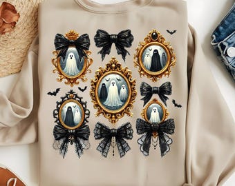 Ghost Portrait Clipart PNG, Gothic Halloween Frame Sublimation, Haunted Lace Bow Aesthetic, Spooky Cute Digital Art