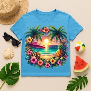 Tropical Beach Sunset PNG, Summer Paradise Digital Art, Palm Tree Ocean Sublimation, Exotic Island Clipart for T-Shirts & Crafts