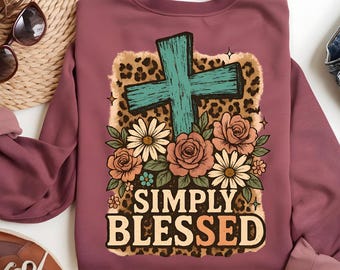 Leopard Cross Floral PNG: Simply Blessed Christian Sublimation Design