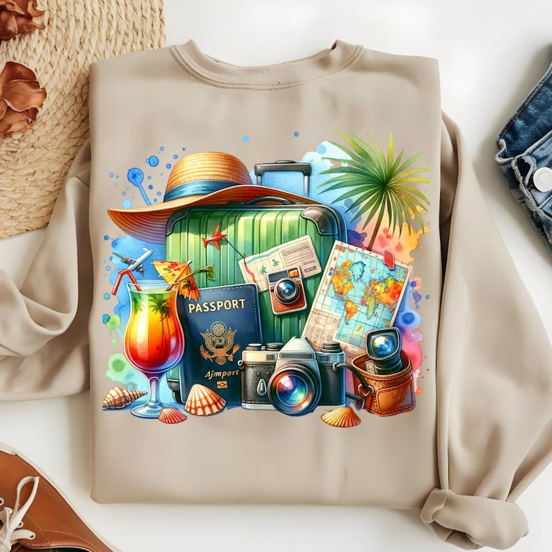 Puede incluir: Sudadera beige con un gr&aacute;fico colorido con tem&aacute;tica de viajes. El dise&ntilde;o incluye una maleta verde, un sombrero de paja, un pasaporte, c&aacute;maras, un c&oacute;ctel, un mapa y conchas marinas. El gr&aacute;fico tiene detalles de estilo acuarela y colores vibrantes.