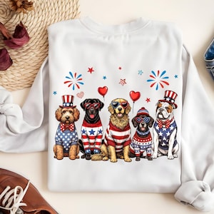 Perros patrióticos PNG, diseño de camiseta para perro del 4 de julio, clipart divertido de cachorro estadounidense, sublimación de mascota con bandera estadounidense, archivo del Día de la Independencia