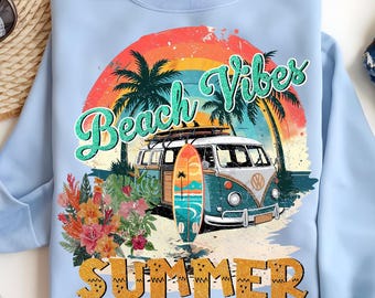 Beach Vibes Van PNG, Retro Surf Summer Sublimation Design, Tropical Sunset Camper Clipart, Vacation Printable Art