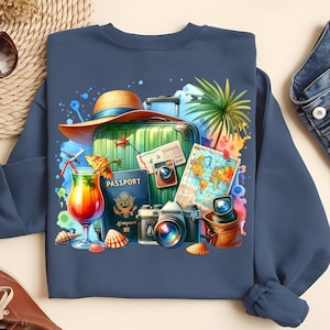 Travel PNG Sublimation Design – Colorful Vacation Suitcase Camera Passport Art, Summer Wanderlust Clipart, Beach Holiday Printable PNG