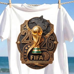 Może przedstawiać: Biały t-shirt z centralną grafiką złotego trofeum Mistrzostw Świata FIFA 2026. Wzór zawiera napis 2026, FIFA oraz North America Host Nation Pride, a także mapę Ameryki Północnej, liście klonu i wzory inspirowane kulturą Azteków.