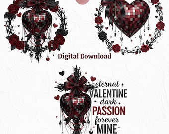 Gothic Valentine Heart PNG Bundle, Dark Love Rose Frame Clipart, High Resolution Transparent PNG