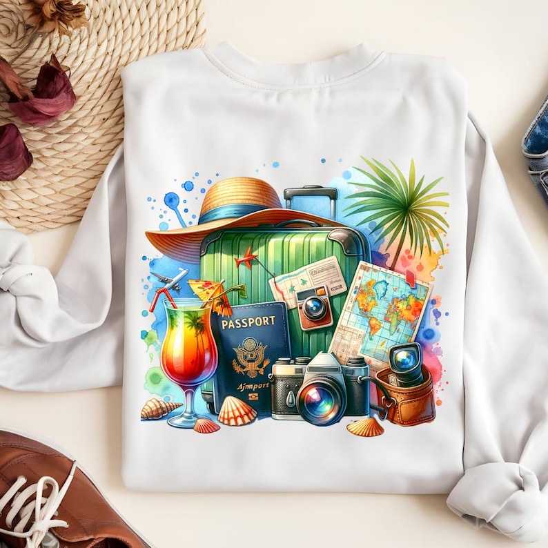 Puede incluir: Sudadera blanca con un dise&ntilde;o de tem&aacute;tica de viajes. El dise&ntilde;o incluye una maleta verde, pasaporte, c&aacute;mara, mapa, c&oacute;ctel y un sombrero de paja. El dise&ntilde;o tiene detalles de acuarela y conchas marinas.