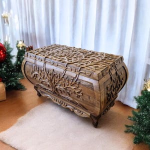 Tree of Life Hand-Carved Walnut Chest – Hope Chest, Blanket Trunk, Coffee Table, Vintage Wooden Storage Chest