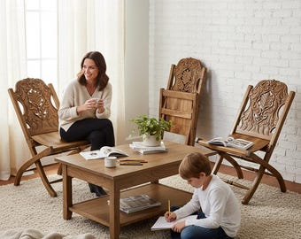 Hand Carved Folding Wooden Chair, Walnut Wood, Handmade Chair, Rustic Wooden Furniture, Gift Chair, Artisan Wood Chair