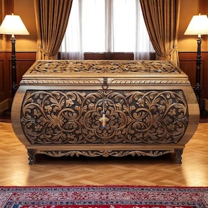 Hand-Carved Walnut Hope Chest – Velvet Lined Ottoman Style Trunk for Keepsakes, Entryway, or Bedroom Storage