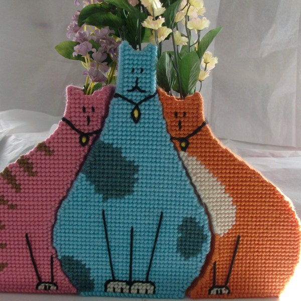 Needlepoint Cat Vases - Needlepoint Feline Vases - Decorative Trio of Cat Vases - Trio of Needlepoint Cat Vases - Pink Blue Orange Cat Vases