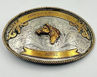 1988 CGA California Gymkhana State Show Judge Belt Buckle Cowgirl Western