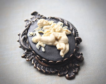 ~Vintage Molded Cameo~25x18mm Button~Pretty Angel and Cherubs ~Cream over Brown 