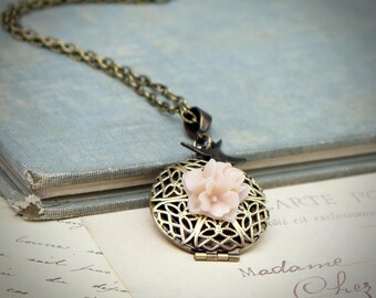 Filigree Floral Locket Necklace in Powder Puff Pink