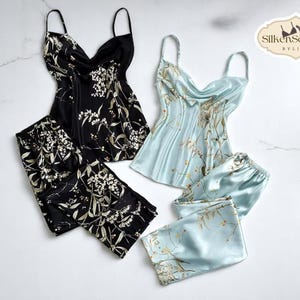 2Pcs Floral Sleepwear Set | Women&#39;s Printed Flower PJS | Summer Strap and Pajama Nightwear | Lightweight Lounge Outfit | Gift for Her