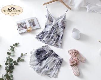 Lace Cami Shorts Pajama Set | Sleepwear for Women | 2 Piece Nightwear Pair | Soft Feel Lounge Outfit | Cute Detail Design