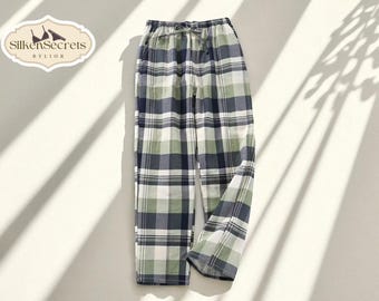 Men's Plaid Cotton Pants | Comfy Lounge Bottoms | Wide Leg Pajama Trousers | Relaxed Fit Nightwear | Sleeping Clothing for Him