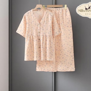 Floral Cotton Pajama Set | Short Sleeve Lounge Coordinate | Sleepwear for Women | Soft Double Layer Loungewear | V-Neck Relaxed Fit PJs