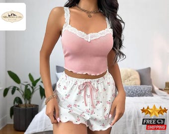 Lace Trim Pajama Set for Women | V-Neck Sleepwear with Patchwork Detail | Soft Two-Piece Nightwear Suit | Comfortable Loungewear