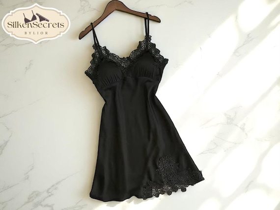 silkensecretsbylior Lace Trim Nightgown | Satin Style Sleep Dress | Spaghetti Strap Nightwear | Soft Fabric Loungewear | Women's Summer Homewear