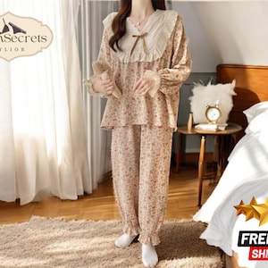Ensemble de pyjama fleuri | Vêtements de nuit en coton pour elle| Vêtements de détente à volants | Vêtements de nuit confortables pour femmes | Pyjama doux et confortable