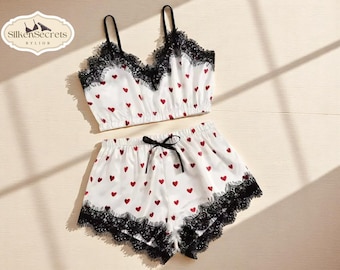 2PCS Satin Pajama Set | V-Neck Lace Sleepwear | Stretch Bowknot Cami Top | Women’s Summer Nightwear | Soft Shorts Lounge Pair