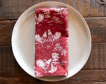 Chicken Napkin; Red Rooster Cloth Dinner Napkin