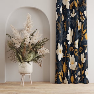 Navy Blue Curtains with White Flowers & Gold Leaves, Elegant Floral Drapes for Home Decor