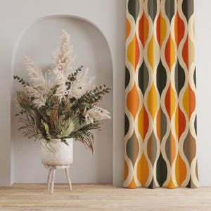 Panneaux de rideaux géométriques rétro, rideau moderne milieu de siècle, tentures de fenêtre inspirées des années 70, rideau tendance, rideau vintage, rideau personnalisé