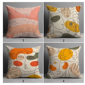 Abstraktes Gesicht und Blumen Kissenbezüge, Modernes Line Art Gesicht Kissenbezüge, Gesichtskunst Dekokissenbezüge, Zeitgenössische Kunst Gesichtskissenbezüge