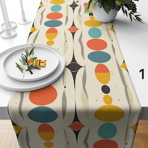 Mid-Century Modern Abstract Table Runner, Bold Geometric Pattern Tablecloth, Colorful Circle Pattern Table Decor, Retro Table Runner