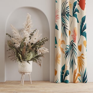 Modern Abstract Leaf Curtains, Tropical Floral Pattern Curtains, Boho Chic Floral Curtains, Modern Tropical Plant Curtains