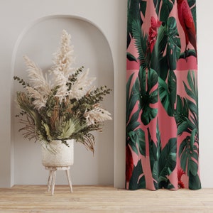 Modern Tropical Bird Curtains, Colorful Tropical Plant Curtain, Vibrant Tropical Leaf Curtains, Bold Botanical Drapes